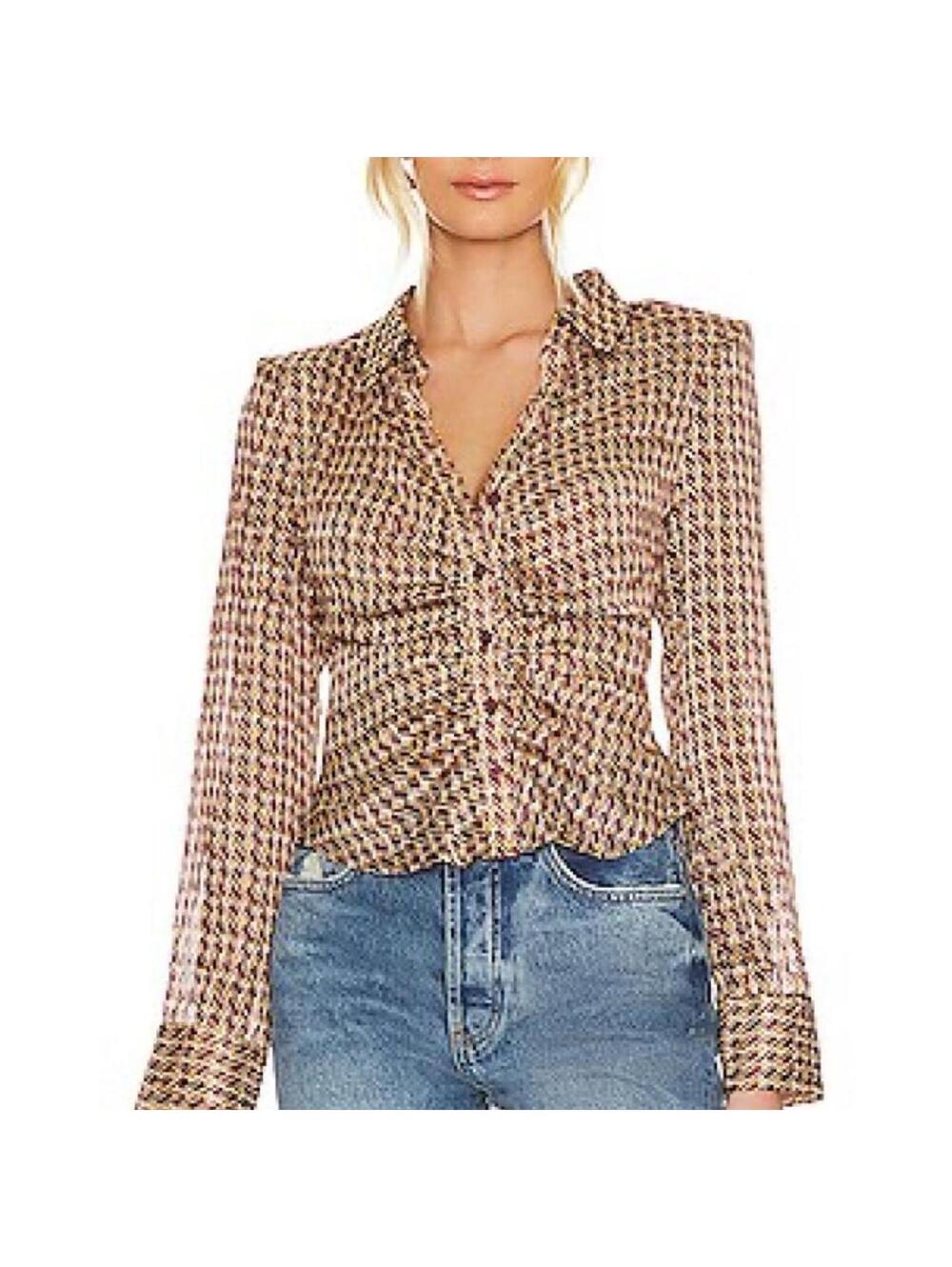 ASTR Ruched Button Up Top in Wine Abstract